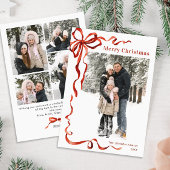 Feestelijke Kerst Boho Red Bow Ribbon 5 Foto Feestdagenkaart