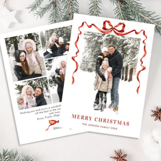Feestelijke Kerst Boho Red Bow Ribbon 5 Foto Feestdagenkaart