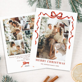 Feestelijke Kerst Boho Red Bow Ribbon 5 Foto Feestdagenkaart