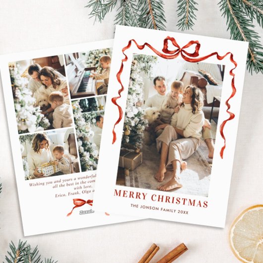 Feestelijke Kerst Boho Red Bow Ribbon 5 Foto Feestdagenkaart