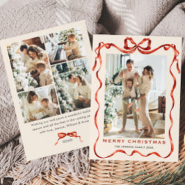 Feestelijke Kerst Boho Red Bow Ribbon 5 Foto Feestdagenkaart