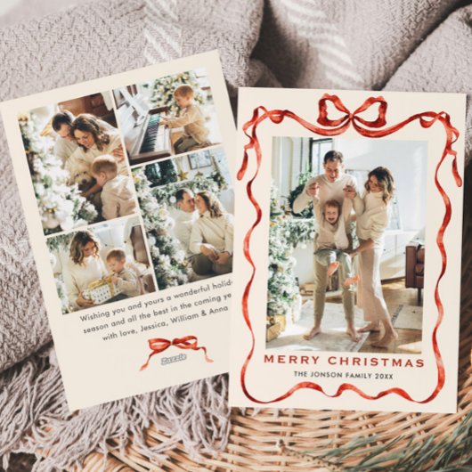 Feestelijke Kerst Boho Red Bow Ribbon 5 Foto Feestdagenkaart