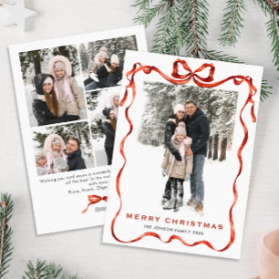 Feestelijke Kerst Boho Red Bow Ribbon 5 Foto Feestdagenkaart