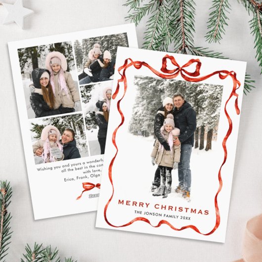 Feestelijke Kerst Boho Red Bow Ribbon 5 Foto Feestdagenkaart