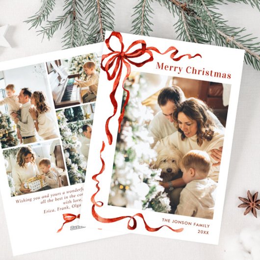 Feestelijke Kerst Boho Red Bow Ribbon 5 Foto Feestdagenkaart