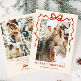Feestelijke Kerst Boho Red Bow Ribbon 5 Foto Feestdagenkaart