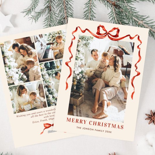 Feestelijke Kerst Boho Red Bow Ribbon 5 Foto Feestdagenkaart