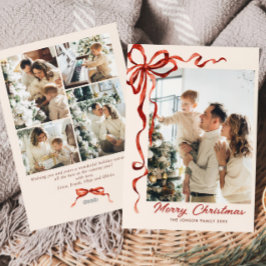 Feestelijke Kerst Boho Red Bow Ribbon 5 Foto Feestdagenkaart
