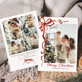 Feestelijke Kerst Boho Red Bow Ribbon 5 Foto Feestdagenkaart