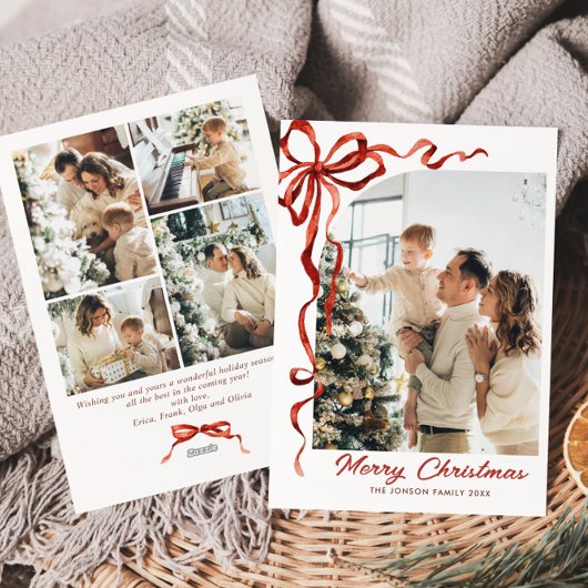 Feestelijke Kerst Boho Red Bow Ribbon 5 Foto Feestdagenkaart
