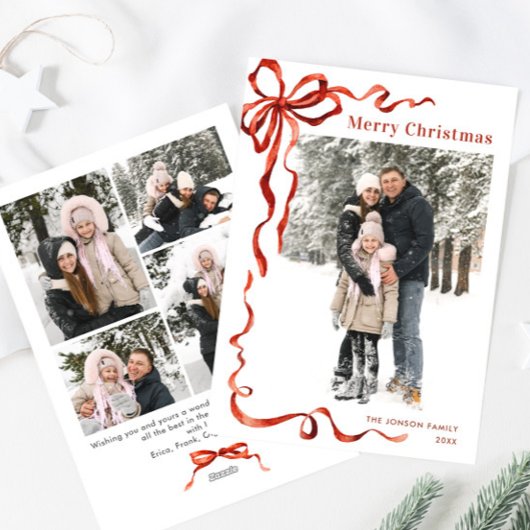 Feestelijke Kerst Boho Red Bow Ribbon 5 Foto Feestdagenkaart