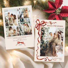 Feestelijke Kerst Boho Red Bow Ribbon 5 Foto Feestdagenkaart
