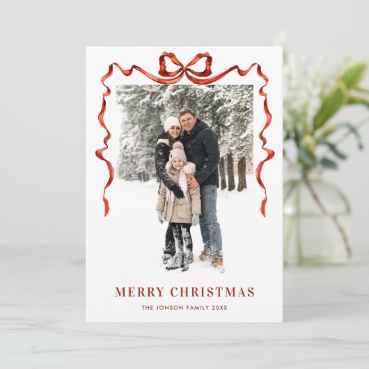 Feestelijke Kerst Boho Red Bow Ribbon 5 Foto Feestdagenkaart (Staand voorkant)