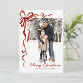 Feestelijke Kerst Boho Red Bow Ribbon 5 Foto Feestdagenkaart (Staand voorkant)
