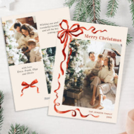 Feestelijke Kerst Boho Rode Strik Lint 3 Foto Feestdagenkaart