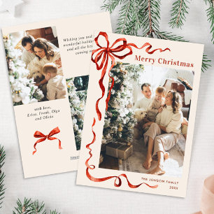 Feestelijke Kerst Boho Rode Strik Lint 3 Foto Feestdagenkaart