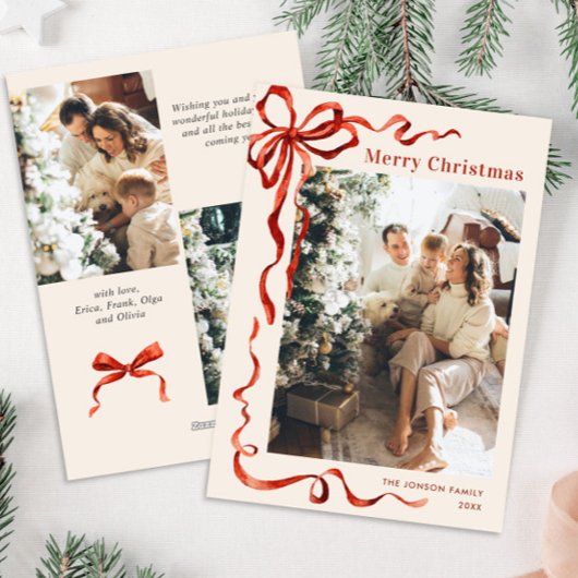 Feestelijke Kerst Boho Rode Strik Lint 3 Foto Feestdagenkaart