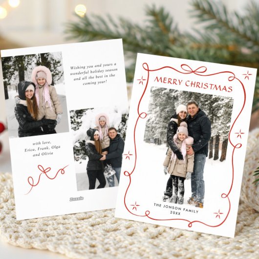 Feestelijke Kerst Boho Rode Strik Lint 3 Foto Feestdagenkaart