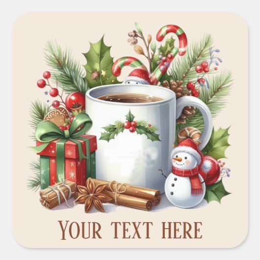 Feestelijke Kerst cacao tekst toevoegen Vierkante Sticker (Voorkant)