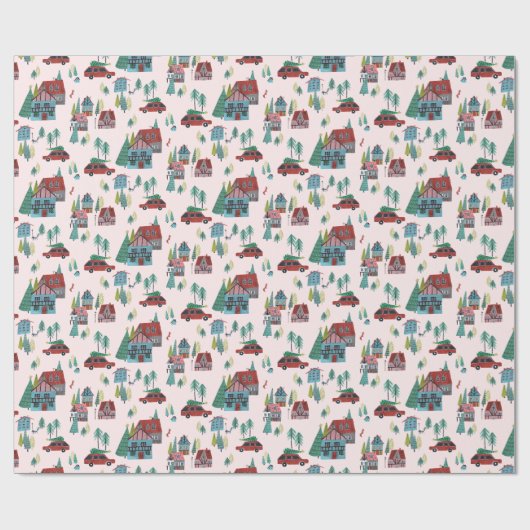 Feestelijke Kerst Car Tree Village Roze Retro Auto Cadeaupapier (Vlak)