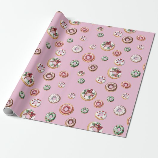 Feestelijke Kerst Donuts Patroon Cadeaupapier (Uitgerold)