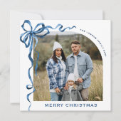 Feestelijke Kerst Dusty Blue Bow Ribbon 2 Foto Feestdagenkaart (Voorkant)