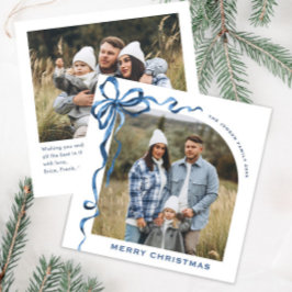 Feestelijke Kerst Dusty Blue Bow Ribbon 2 Foto Feestdagenkaart