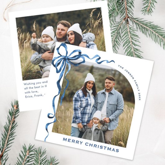 Feestelijke Kerst Dusty Blue Bow Ribbon 2 Foto Feestdagenkaart