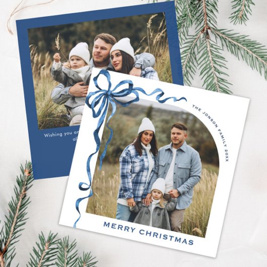 Feestelijke Kerst Dusty Blue Bow Ribbon 2 Foto Feestdagenkaart