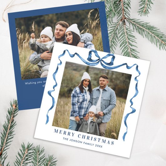 Feestelijke Kerst Dusty Blue Bow Ribbon 2 Foto Feestdagenkaart