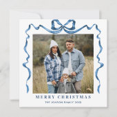 Feestelijke Kerst Dusty Blue Bow Ribbon 2 Foto Feestdagenkaart (Voorkant)