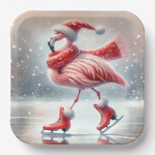 Feestelijke kerst Flamingo schaatsen Papieren Bordje (Voorkant)