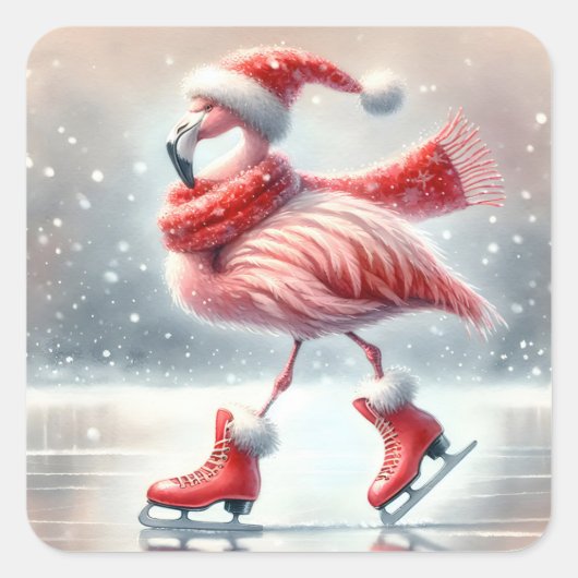 Feestelijke kerst Flamingo schaatsen Vierkante Sticker (Voorkant)