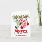 Feestelijke kerst gestreepte kousen met groen kaart (Voorkant)