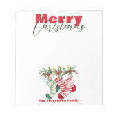 Feestelijke kerst gestreepte kousen met groen notitieblok (Voorkant)