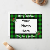 Feestelijke kerst groen zwart geruite holly blader notitiekaartje (Voorkant / Achterkant in situ)