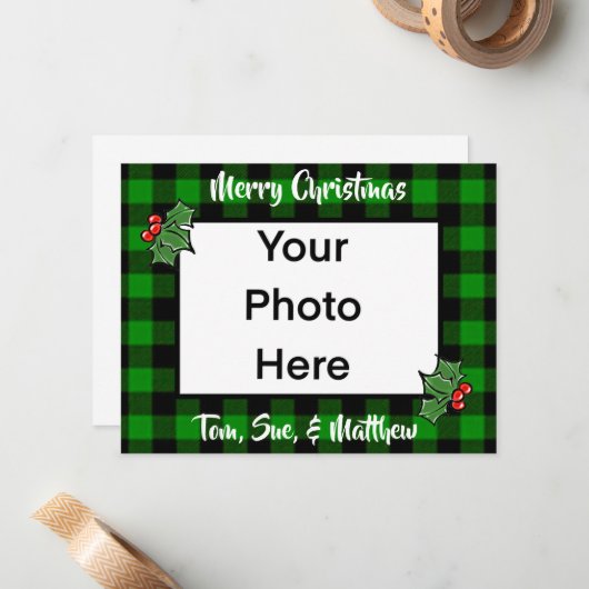 Feestelijke kerst groen zwart geruite holly blader notitiekaartje (Voorkant / Achterkant in situ)