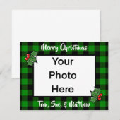 Feestelijke kerst groen zwart geruite holly blader notitiekaartje (Voorkant / Achterkant)