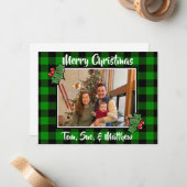 Feestelijke kerst groen zwart geruite holly blader notitiekaartje (Voorkant / Achterkant in situ)