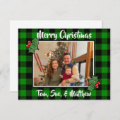 Feestelijke kerst groen zwart geruite holly blader notitiekaartje (Voorkant / Achterkant)