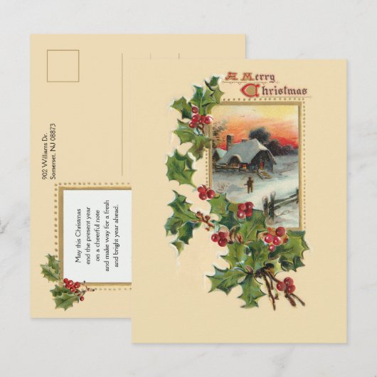Feestelijke Kerst Holly en rustieke Winter Scène Briefkaart (Voorkant / Achterkant)