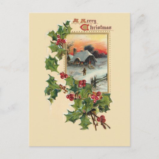 Feestelijke Kerst Holly en rustieke Winter Scène Briefkaart (Voorkant)