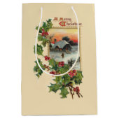 Feestelijke Kerst Holly en rustieke Winter Scène Medium Cadeauzakje (Voorkant)