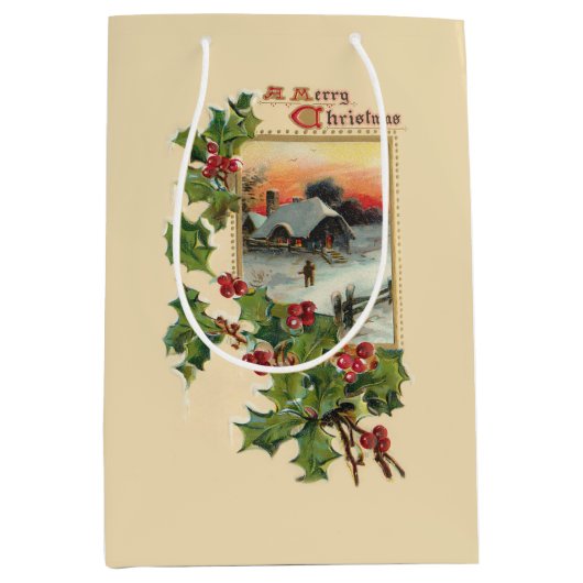 Feestelijke Kerst Holly en rustieke Winter Scène Medium Cadeauzakje (Voorkant)