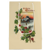 Feestelijke Kerst Holly en rustieke Winter Scène Medium Cadeauzakje (Achterkant)