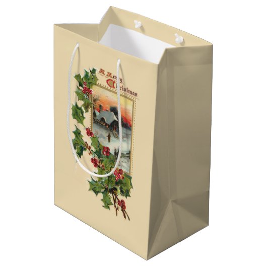 Feestelijke Kerst Holly en rustieke Winter Scène Medium Cadeauzakje (Achterkant Gekanteld)