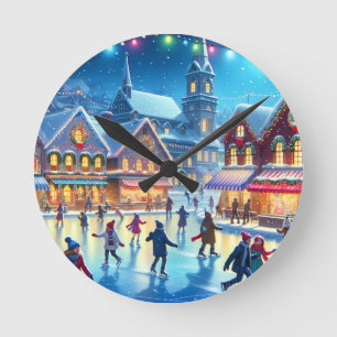 Feestelijke kerst ijsschaats scene ronde klok