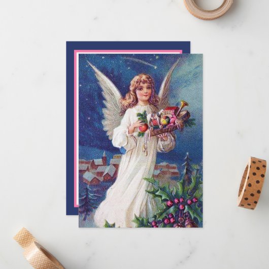 feestelijke kerst-kerst-engel voegt sentiment toe notitiekaartje (Voorkant / Achterkant in situ)