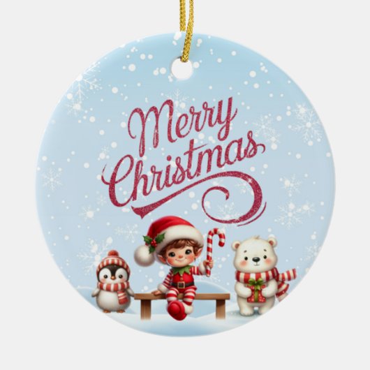 Feestelijke Kerst met Elf, Penguin Uitnodiging Keramisch Ornament (Voorkant)