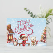 Feestelijke kerst Mok met Elf, Penguin Invitation Kaart (Staand voorkant)